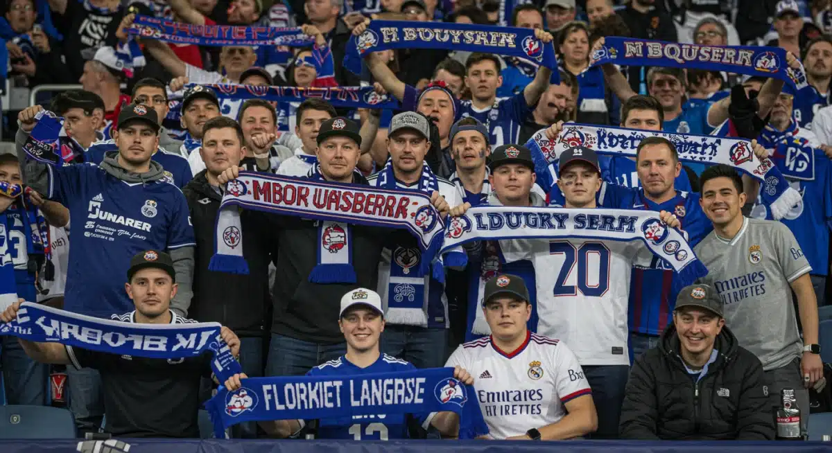 Diverse fans proudly showcasing various sports event merchandise, emphasizing fan identity and market diversity.