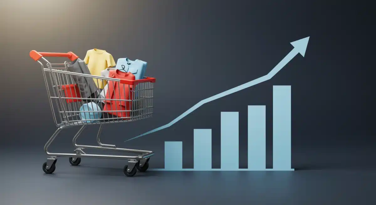 Graph showing rising prices over shopping cart with clothes, symbolizing economic impact on fashion