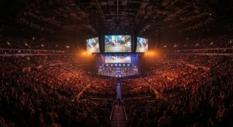 Packed esports arena with cheering fans and bright stage lights
