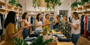 Consumers exploring sustainable clothing in an ethical fashion store
