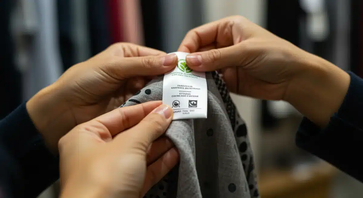 Close-up of ethical fashion label with sustainability certifications