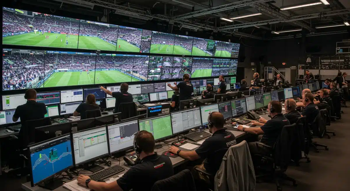 Event control room with staff monitoring multiple screens for real-time logistics.