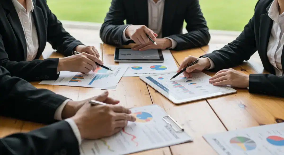 Event organizers, insurance brokers, and legal advisors discussing risk assessment and policy details for a sporting event.