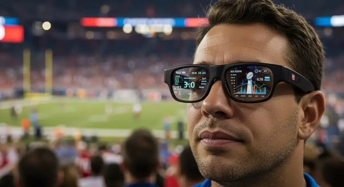 Fan using smart glasses for augmented reality game insights at Super Bowl