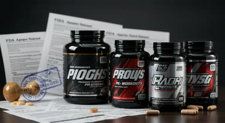 Variety of sports nutrition supplements with FDA approval documents