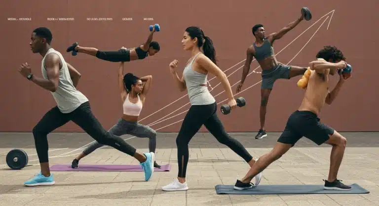 Diverse individuals exercising outdoors in modern fitness apparel, symbolizing market growth