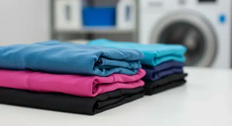 Vibrant fitness wear from three brands stacked, ready for 100-wash test
