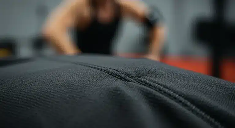 Detailed flatlock stitching on athletic fabric, emphasizing durability and comfort