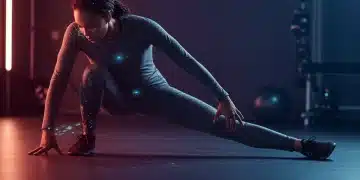 Athlete stretching in advanced, durable fitness wear in a futuristic gym