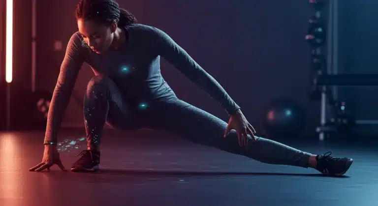 Athlete stretching in advanced, durable fitness wear in a futuristic gym