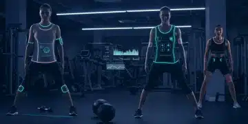 Athletes wearing advanced smart fitness wear in a modern gym with holographic data displays.