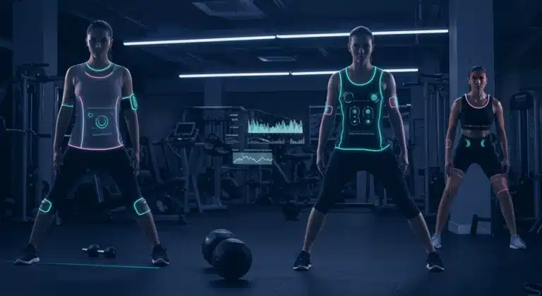 Athletes wearing advanced smart fitness wear in a modern gym with holographic data displays.