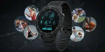 Futuristic sports smartwatch displaying biometric data on a vibrant screen, with athletes in the background.