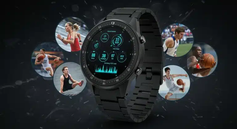 Futuristic sports smartwatch displaying biometric data on a vibrant screen, with athletes in the background.