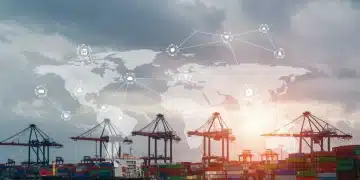 Global supply chain network with cargo ships and containers, illustrating disruptions affecting Shein's production.