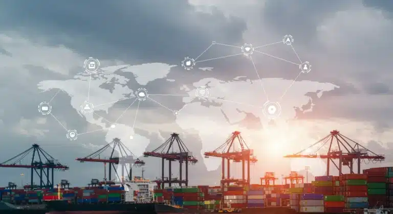 Global supply chain network with cargo ships and containers, illustrating disruptions affecting Shein's production.