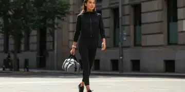 Woman in sleek black athleisure outfit walking confidently in a city setting, blending gym and street style