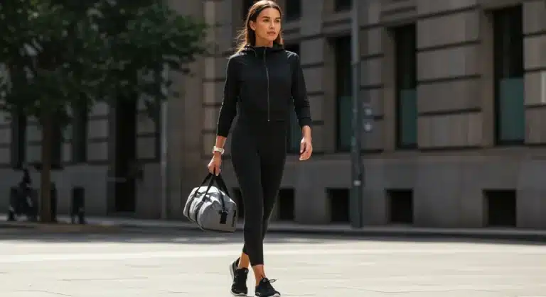 Woman in sleek black athleisure outfit walking confidently in a city setting, blending gym and street style