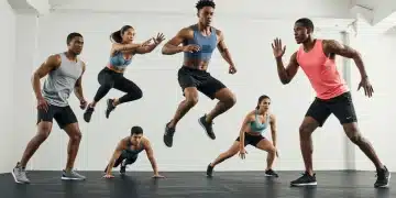 Athletes performing high-impact exercises in advanced fitness wear
