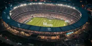 Modern sports stadium with data overlay, illustrating risk management for high-profile events.