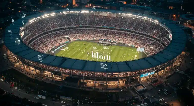 Modern sports stadium with data overlay, illustrating risk management for high-profile events.
