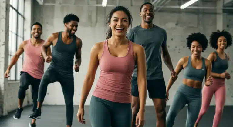 Athletes in hypoallergenic fitness wear for sensitive skin enjoying comfortable workouts