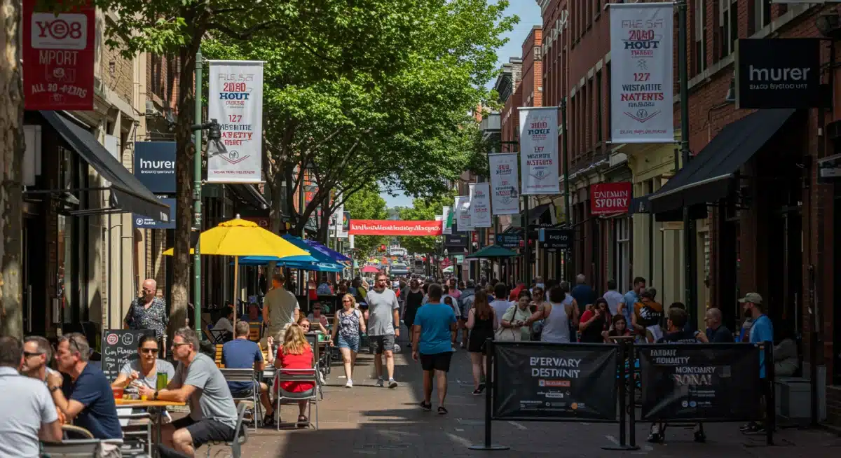 Vibrant street scene with people enjoying local businesses during a major sports event.