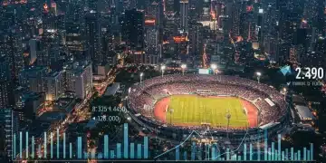 City skyline with illuminated stadium during major sports event, showing economic growth and increased tourism.