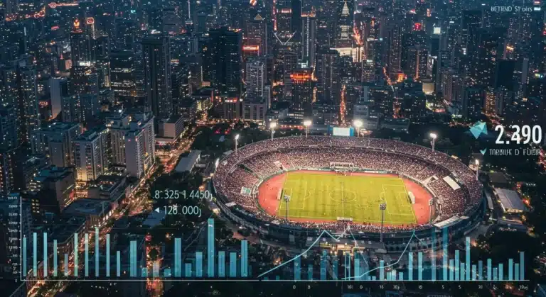City skyline with illuminated stadium during major sports event, showing economic growth and increased tourism.
