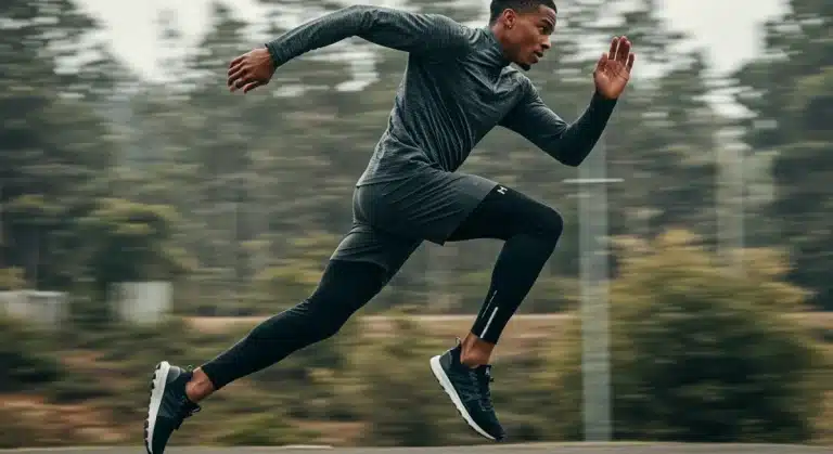 Dynamic male athlete wearing futuristic men's performance apparel for gym and outdoor training.