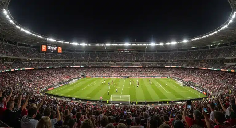 Packed MLS stadium at night with fans using digital tickets on smartphones
