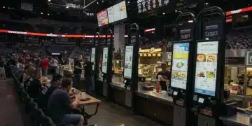 Modern sports arena concessions with digital kiosks and happy fans