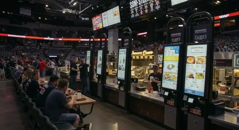 Modern sports arena concessions with digital kiosks and happy fans