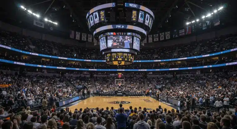 Packed NCAA championship arena with cheering fans and digital displays