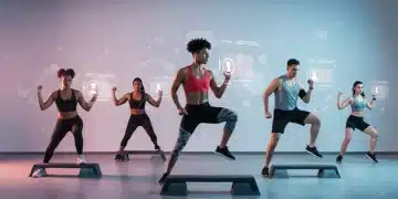 Diverse individuals exercising virtually, connected through an online fitness community platform in 2025.