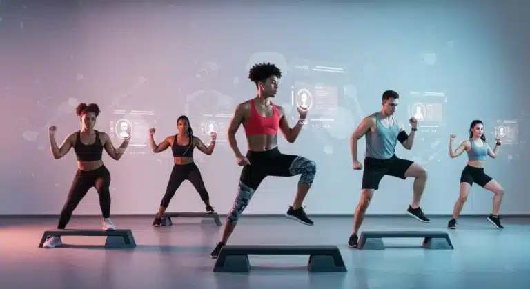 Diverse individuals exercising virtually, connected through an online fitness community platform in 2025.