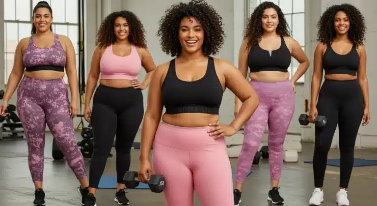 Diverse plus-size women exercising confidently in supportive fitness wear