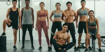 Athletes in premium, durable fitness wear exercising in a modern gym, showcasing quality and style.