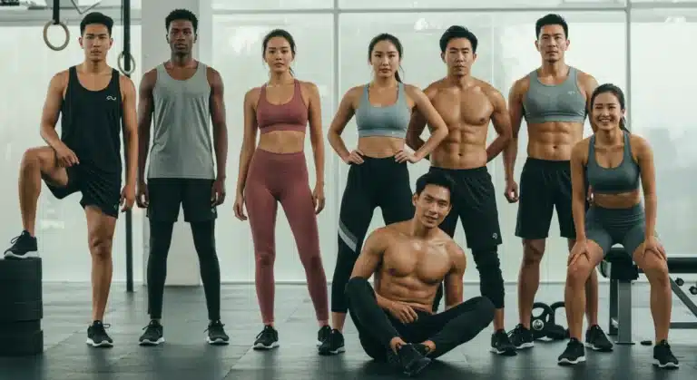 Athletes in premium, durable fitness wear exercising in a modern gym, showcasing quality and style.