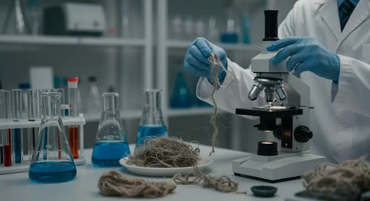 Scientists analyzing recycled textile fibers in a laboratory setting