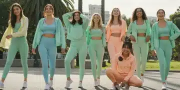 Models wearing Shein's 2025 summer athleisure collection in an outdoor park setting.
