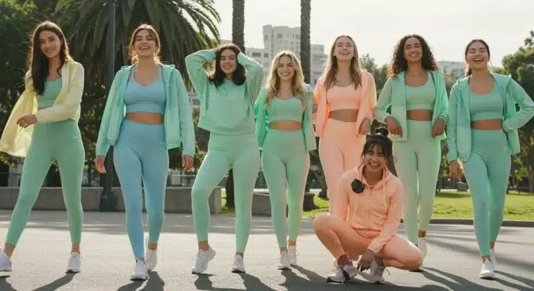 Models wearing Shein's 2025 summer athleisure collection in an outdoor park setting.