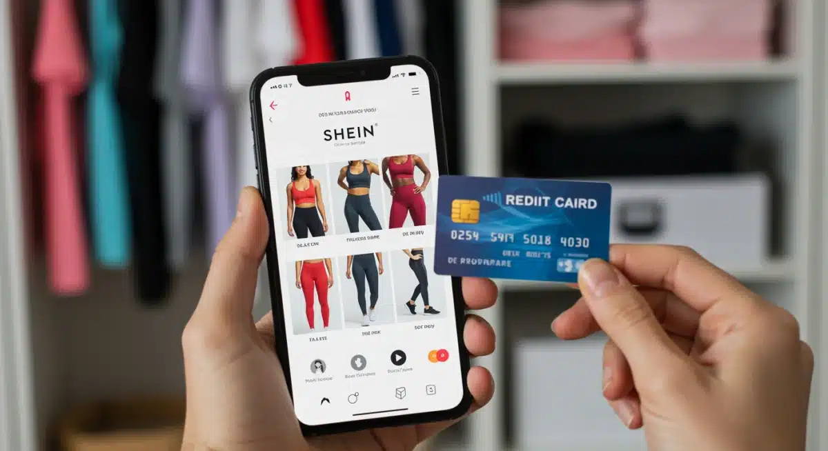 Shein app on smartphone with credit card, showcasing affordable athleisure shopping and financial savings.