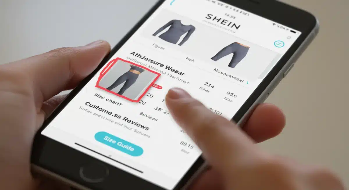 Smartphone displaying Shein app with a focus on size guide and customer reviews