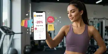 Woman in Shein athleisure checking budget on phone