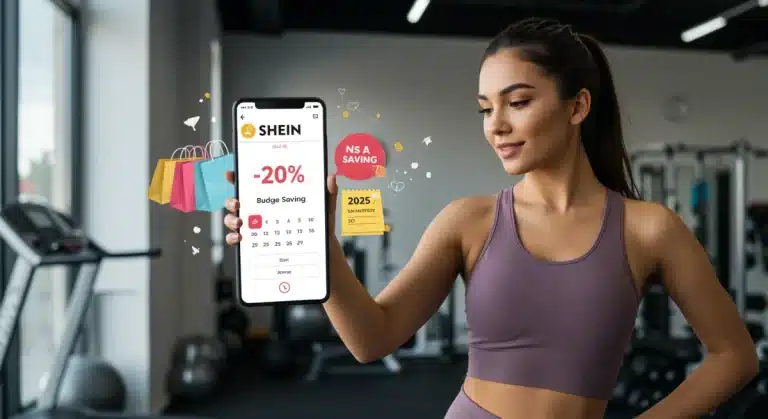 Woman in Shein athleisure checking budget on phone