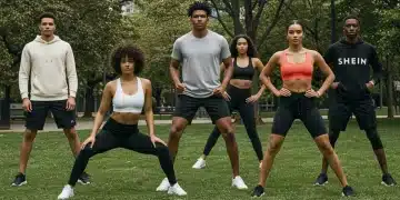 Athletic individuals in diverse athleisure wear representing Shein and its competitors in an urban park.
