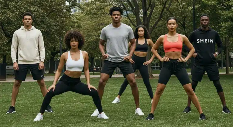 Athletic individuals in diverse athleisure wear representing Shein and its competitors in an urban park.