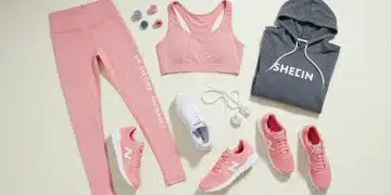 Vibrant Shein athleisure collection flat lay with leggings, sports bras, and hoodies