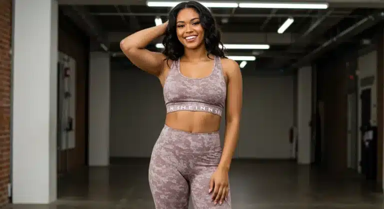 Woman in perfectly fitted Shein athleisure wear smiling confidently